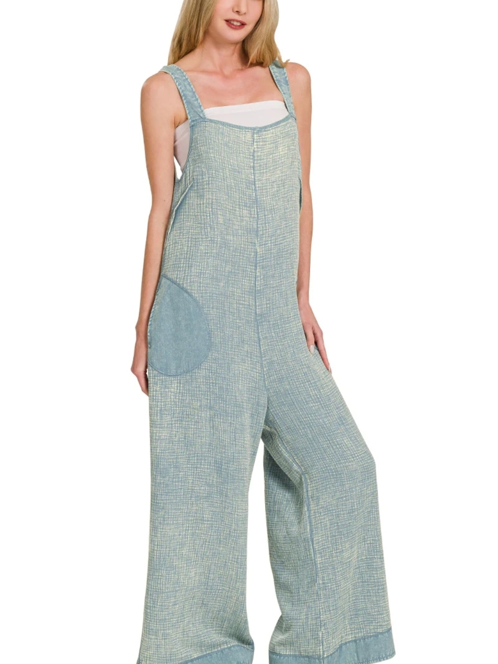 Zenana Blue Grey Gauze Wide-Leg  Jumpsuit NWOT